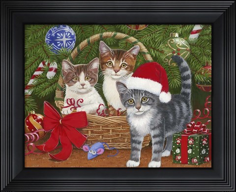 Framed Christmas Kittens in a Basket Print