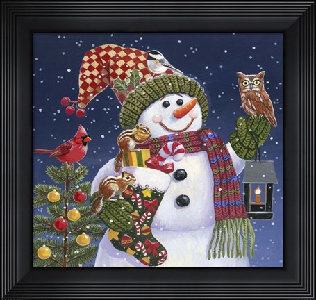 Framed Snowman with Lantern Print