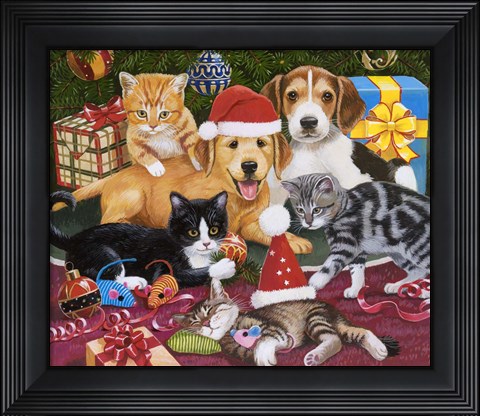 Framed Christmas Meeting - Kittens and Puppies Print