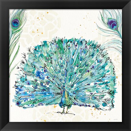 Framed Peacock Garden IX Purple Square no Words Print