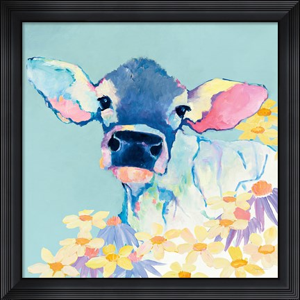Framed Bessie with Flowers on Teal Print