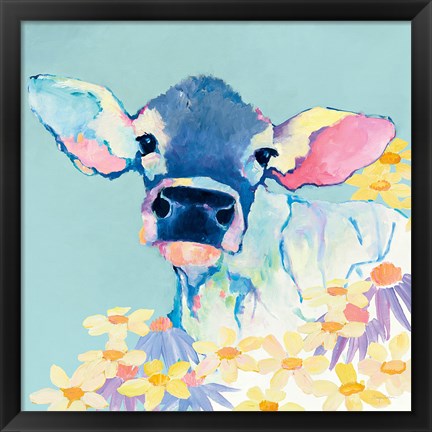 Framed Bessie with Flowers on Teal Print