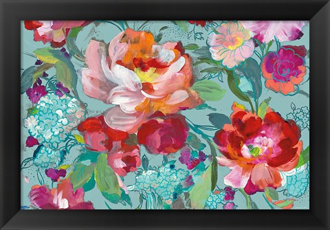 Framed Bright Floral Medley Crop Turquoise Print