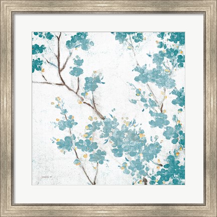Framed Teal Cherry Blossoms II on Cream Aged no Bird Print