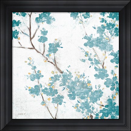 Framed Teal Cherry Blossoms II on Cream Aged no Bird Print