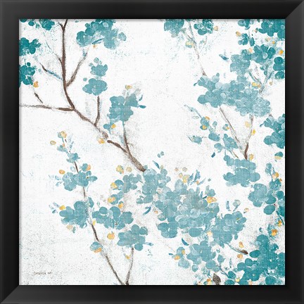 Framed Teal Cherry Blossoms II on Cream Aged no Bird Print