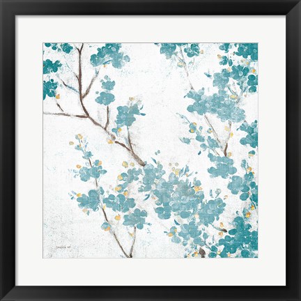 Framed Teal Cherry Blossoms II on Cream Aged no Bird Print