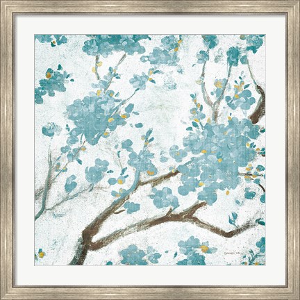 Framed Teal Cherry Blossoms I on Cream Aged no Bird Print