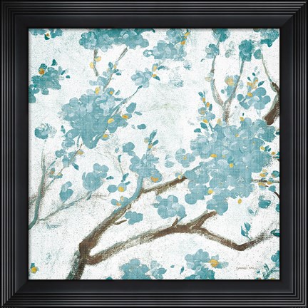 Framed Teal Cherry Blossoms I on Cream Aged no Bird Print