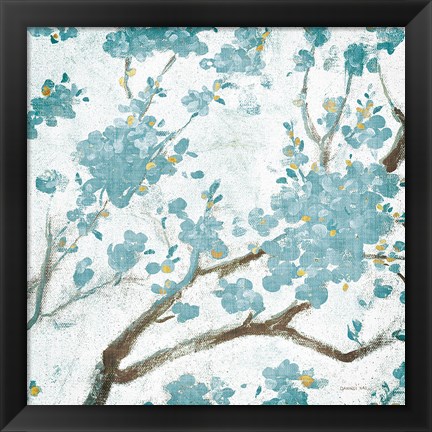 Framed Teal Cherry Blossoms I on Cream Aged no Bird Print