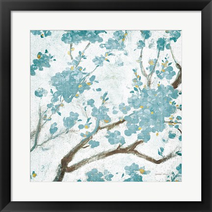 Framed Teal Cherry Blossoms I on Cream Aged no Bird Print