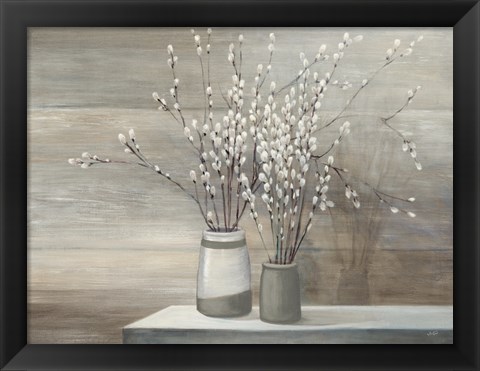 Framed Pussy Willow Still Life Gray Pots Print