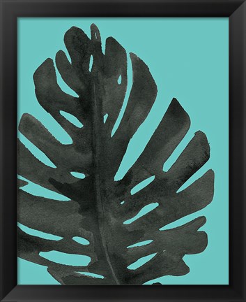 Framed Tropical Palm I BW Turquoise Print