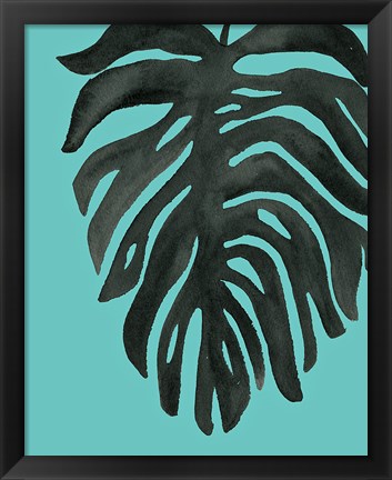 Framed Tropical Palm II BW Turquoise Print