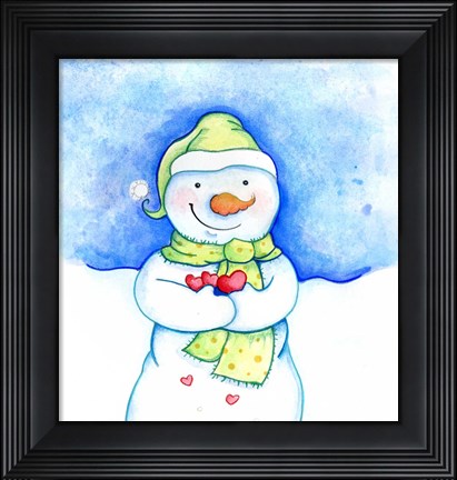 Framed Snowman Holding Hearts Print