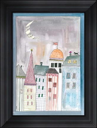 Framed Fantasy Cityscape With Cat On Roof Print
