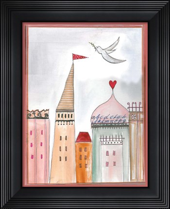 Framed Fantasy Cityscape With Dove Print