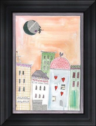 Framed Fantasy Cityscape With Flying Witch On Broom Print