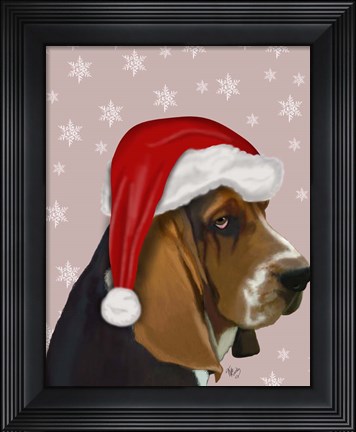 Framed Basset Hound, Christmas Hat Print