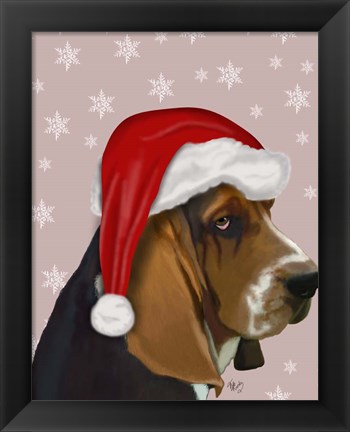 Framed Basset Hound, Christmas Hat Print