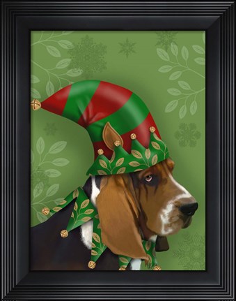 Framed Basset Hound, Elf Hat Print