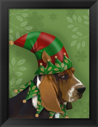 Framed Basset Hound, Elf Hat Print