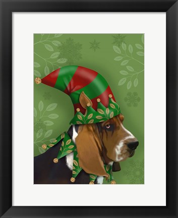 Framed Basset Hound, Elf Hat Print