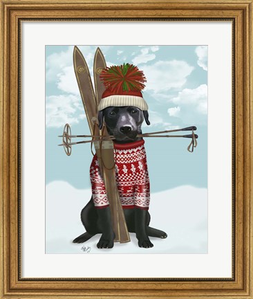 Framed Black Labrador, Skiing Print