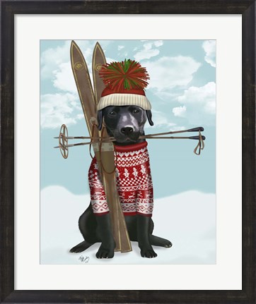 Framed Black Labrador, Skiing Print