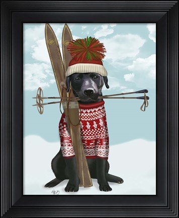 Framed Black Labrador, Skiing Print