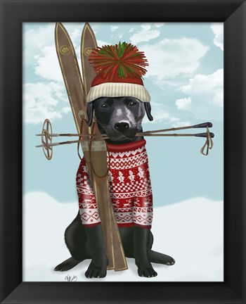 Framed Black Labrador, Skiing Print