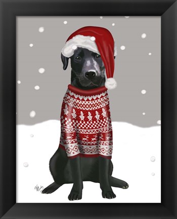 Framed Black Labrador, Christmas Sweater 1 Print