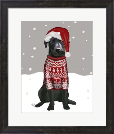 Framed Black Labrador, Christmas Sweater 1 Print