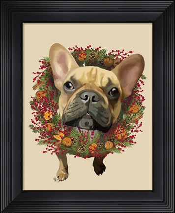 Framed French Bulldog, Cranberry Wreath Print