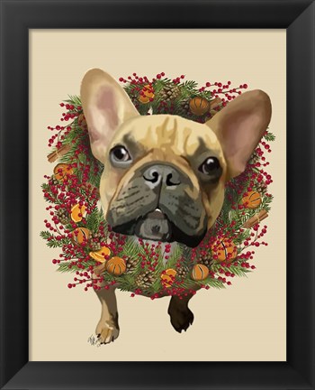 Framed French Bulldog, Cranberry Wreath Print