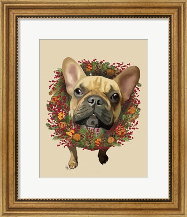 Framed French Bulldog, Cranberry Wreath Print