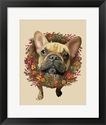 Framed French Bulldog, Cranberry Wreath Print