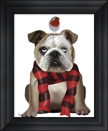 Framed English Bulldog, Scarf and Robin Print