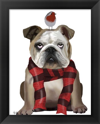 Framed English Bulldog, Scarf and Robin Print