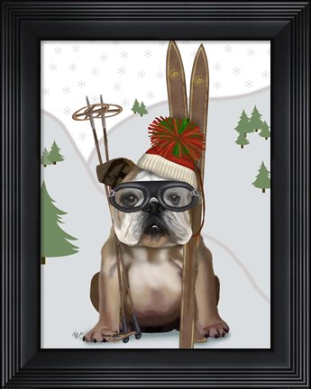 Framed English Bulldog, Skiing Print