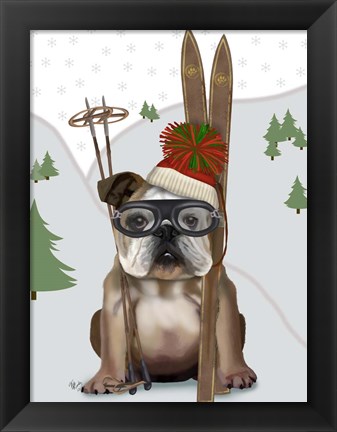 Framed English Bulldog, Skiing Print