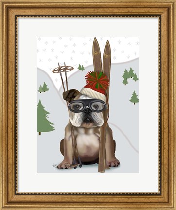 Framed English Bulldog, Skiing Print