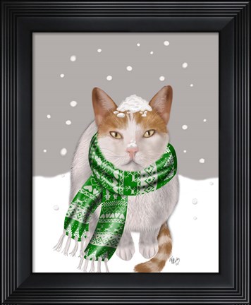 Framed White Cat, Green Scarf Print