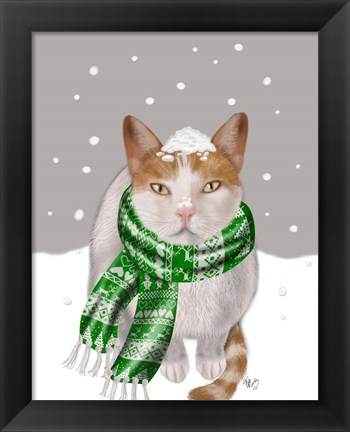 Framed White Cat, Green Scarf Print