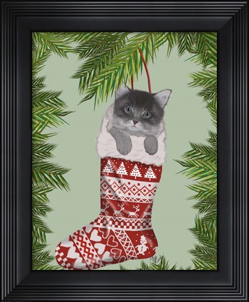 Framed Grey Kitten in Christmas Stocking Print