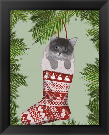 Framed Grey Kitten in Christmas Stocking Print