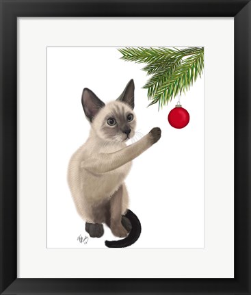 Framed Siamese Cat and Bauble Print