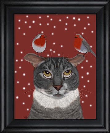 Framed Grey Cat and Robins Print