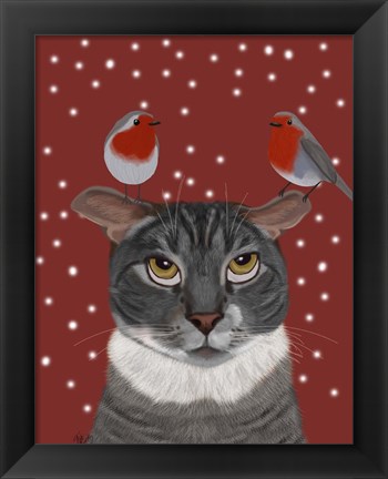 Framed Grey Cat and Robins Print