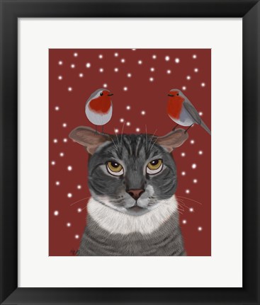 Framed Grey Cat and Robins Print